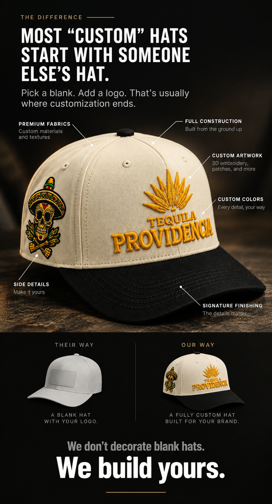 Untitled Goods: the difference between a blank hat with a logo added and a fully custom hat built for your brand, featuring a Tequila Providencia custom hat with 3D embroidery