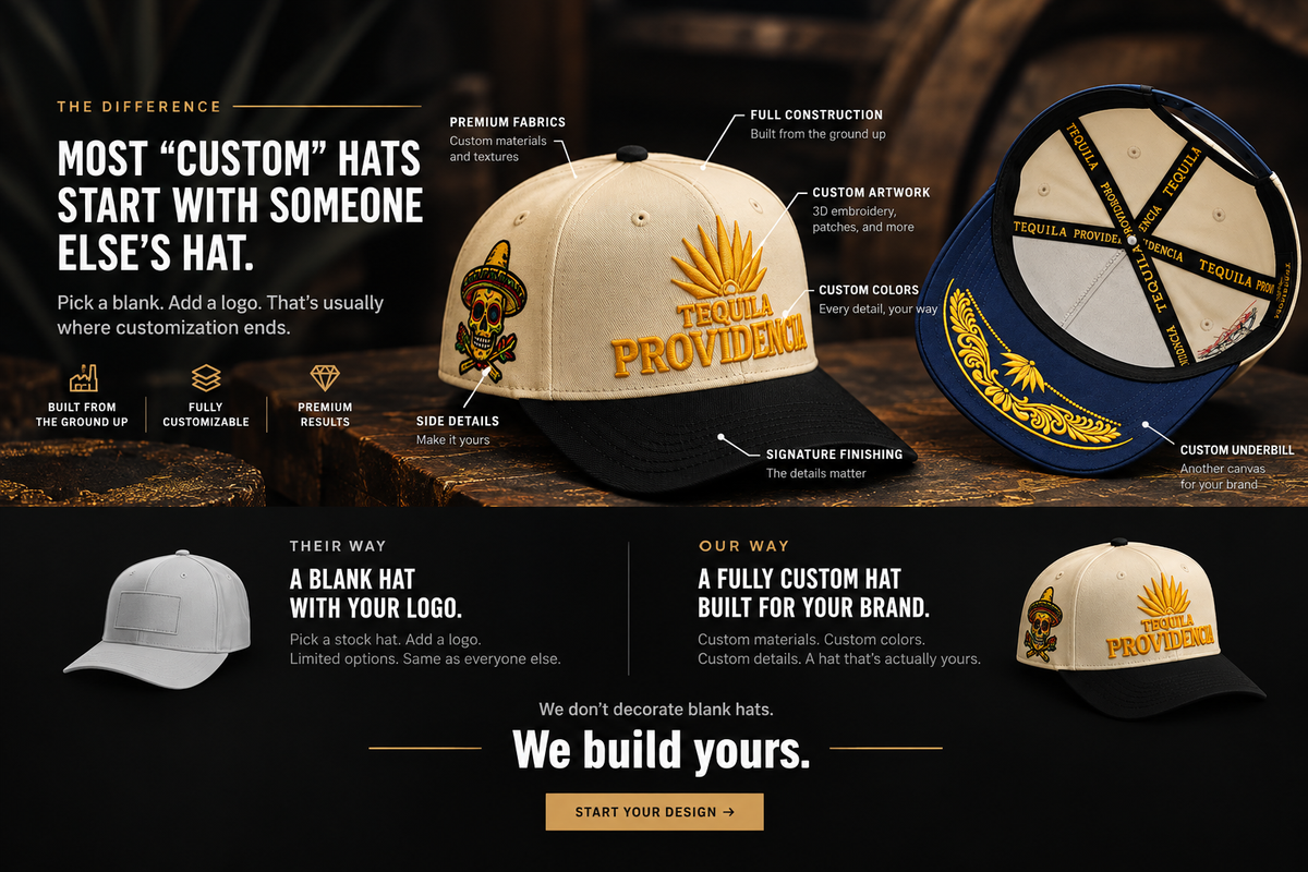 Untitled Goods: the difference between a blank hat with a logo added and a fully custom hat built for your brand, featuring a Tequila Providencia custom hat with 3D embroidery, custom underbill artwork, premium fabrics and full construction