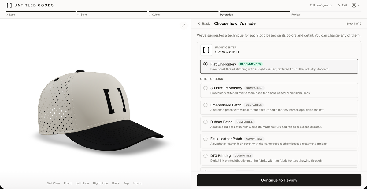 A hat built in the Untitled Goods configurator, showing the 3D preview and material and color controls