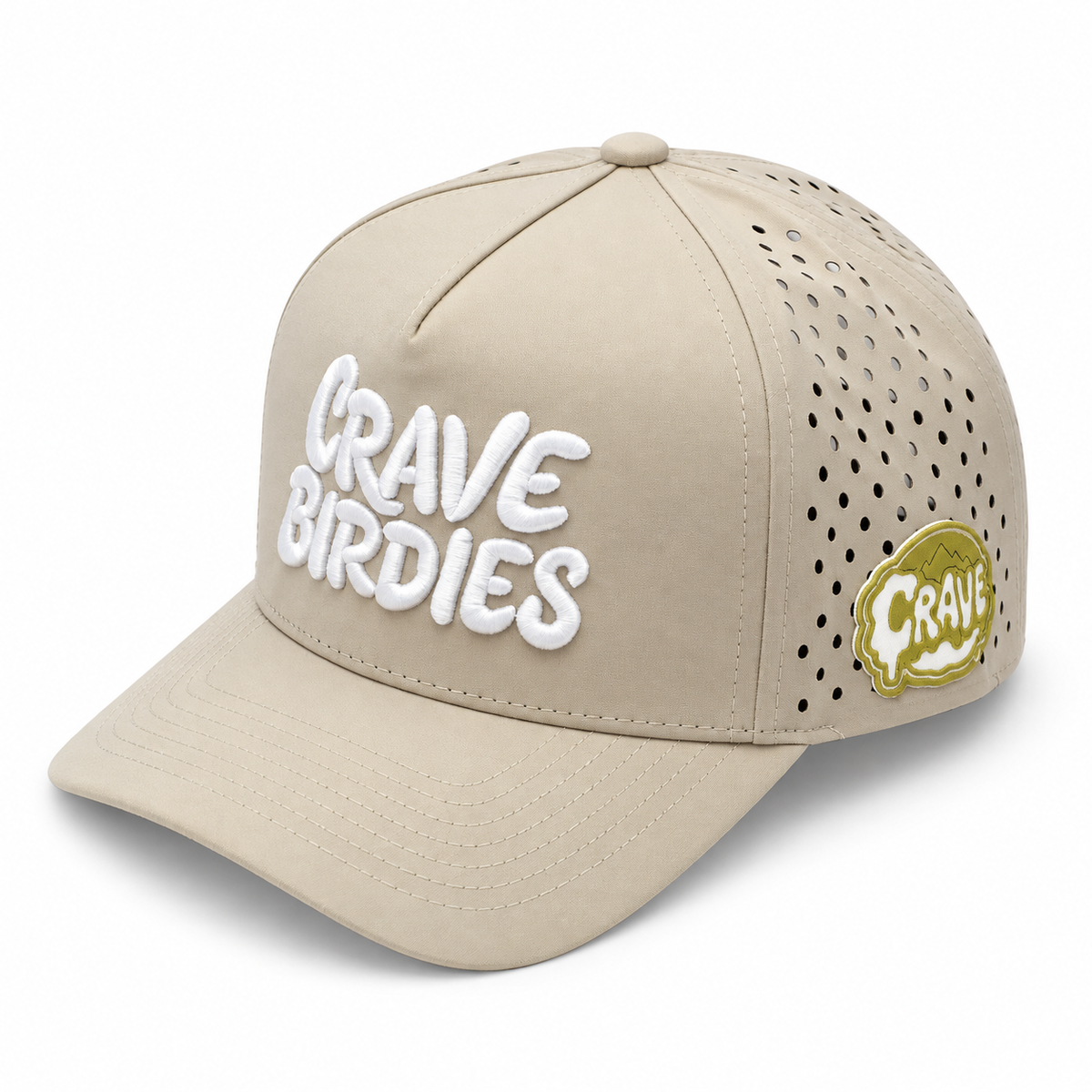 Perforated performance fabric and dimensional embroidery on a manufactured hat